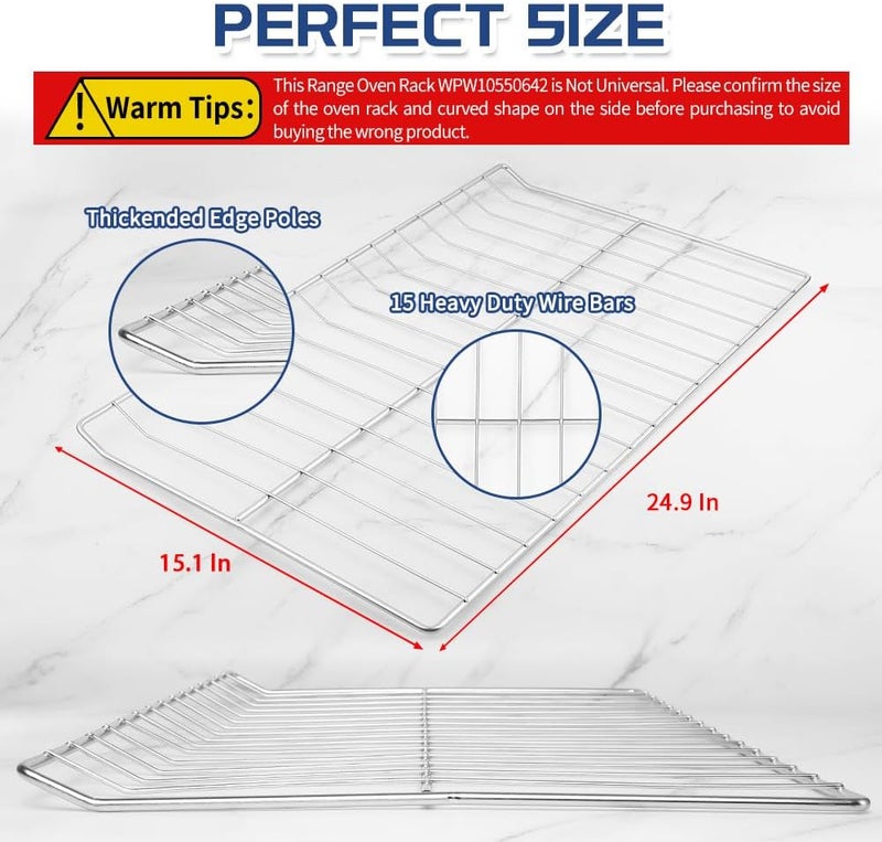 KOZHOM [Upgraded] Range Oven Rack WPW10550642 for Whirlpool/Amana Gas Range Ovens, Replaces W10550642, 3281084, AP6022861, 24.9'' Wide x15.1'' Deep, 304 Stainless Steel (2 Pack) - Image 3